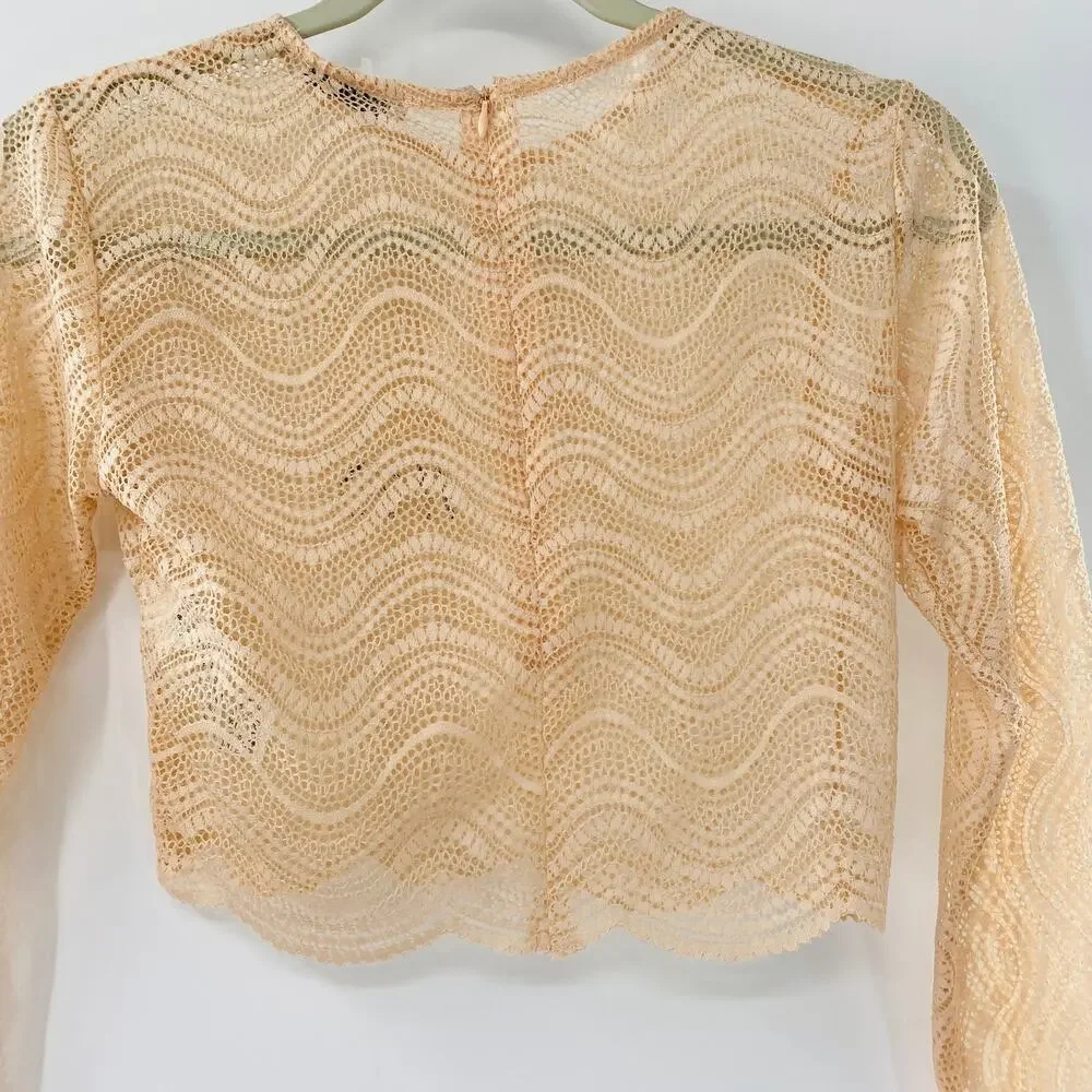 NEW Zara Beige Wavy Lace Scallop Hem Sheer Knit Long Sleeve Crop Top Small Y2K